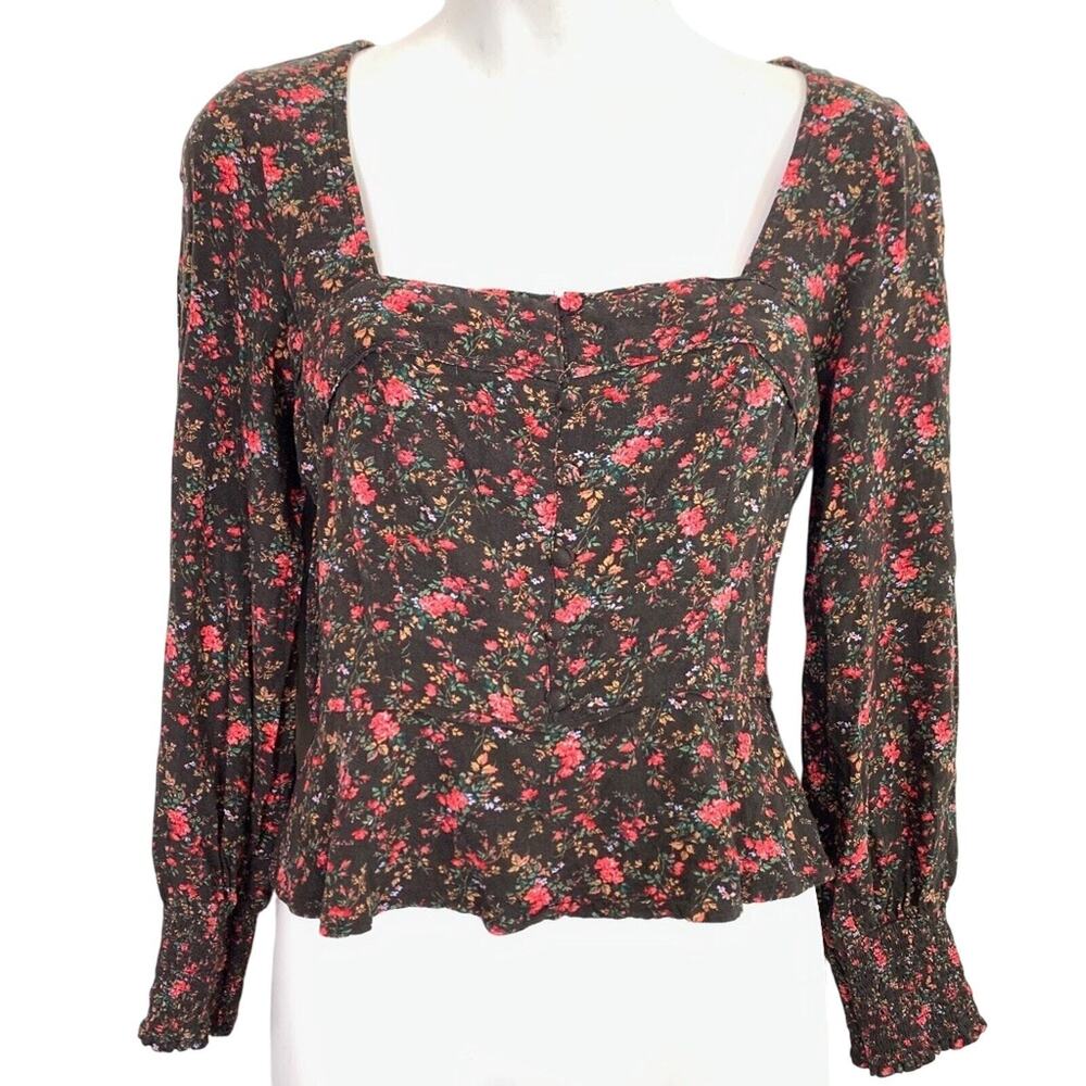 American Eagle Brown Square Neck Floral Ruffle Smocked Top Long Bishop Sleeve S
